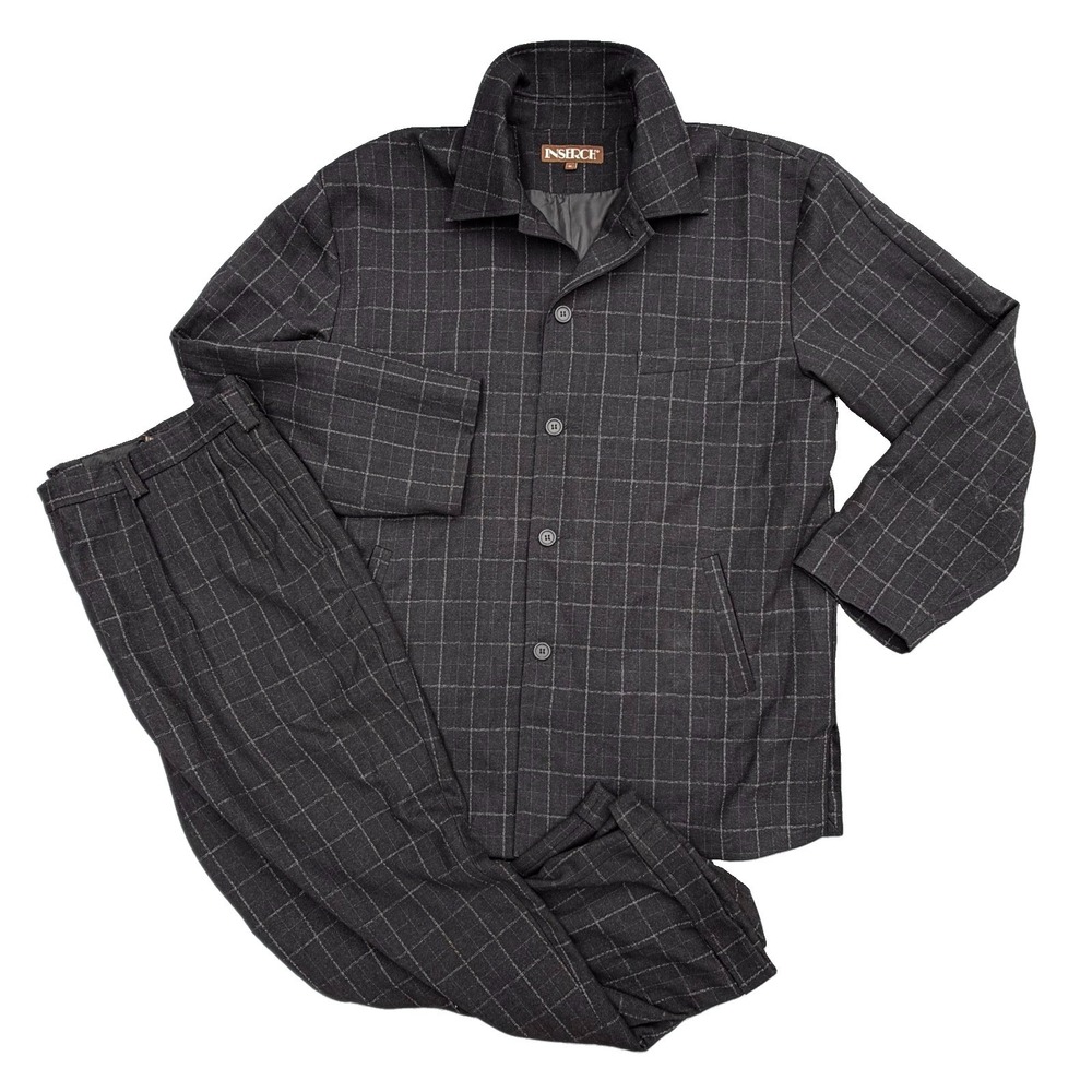 Inserch Mens Jacket Shirt XL Pants 42x30 Black Plaid Button Up Wide Leg Vintage